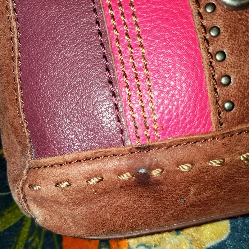 The Sak Brown Leather Crossbody with Pink, Orange, Burgundy & Tan Panels